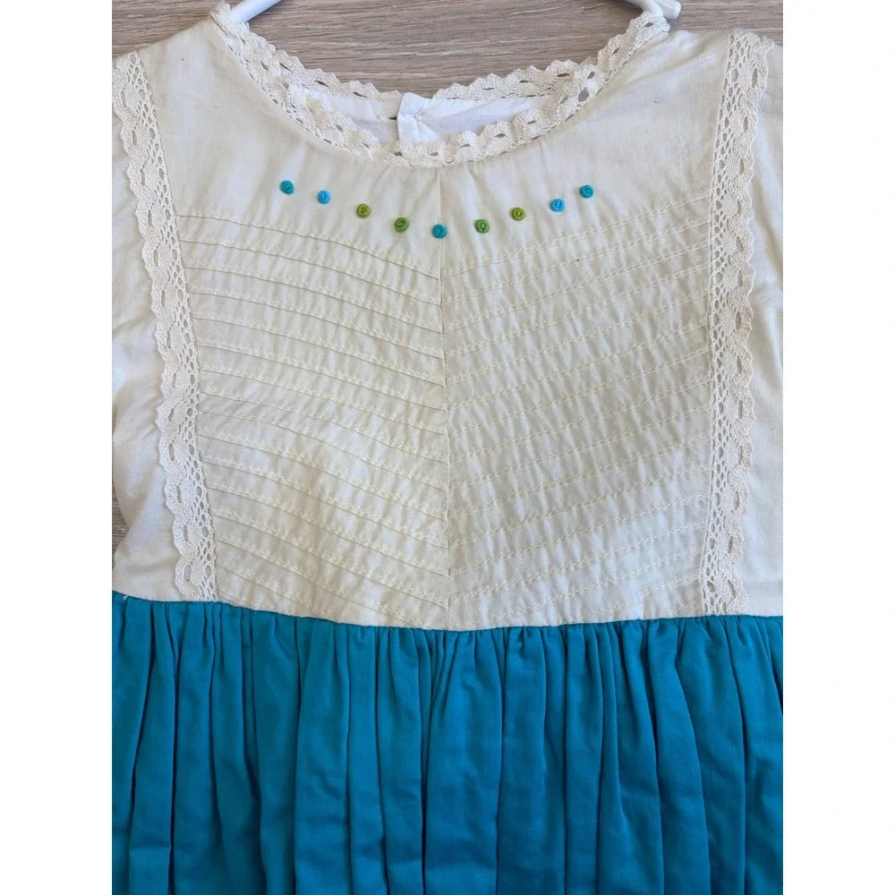 Well Dressed Wolf Girls Teal Cream Lace Pintuck Cotton Dress Size 5 Long Sleeve